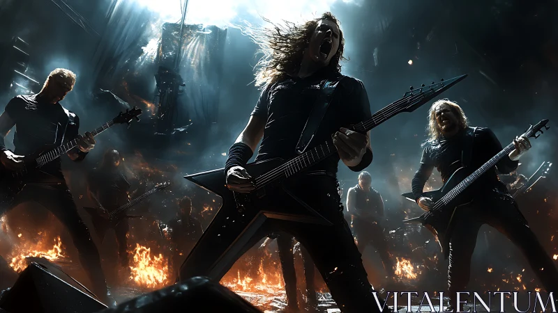 Metal guitarist leads blazing stage performance in chaos.