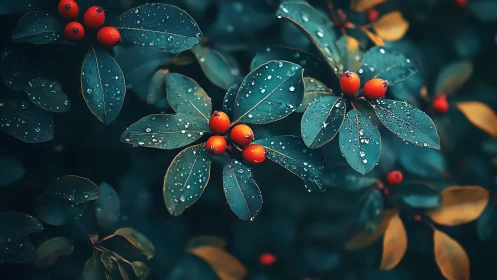 Rain-dappled teal foliage framing vivid orange berries cluster.