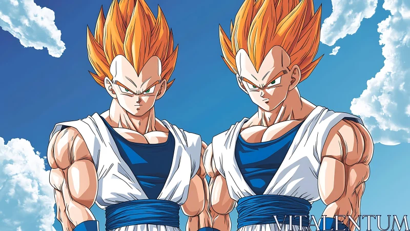 Twin warrior heroes stand strong under a bright blue sky