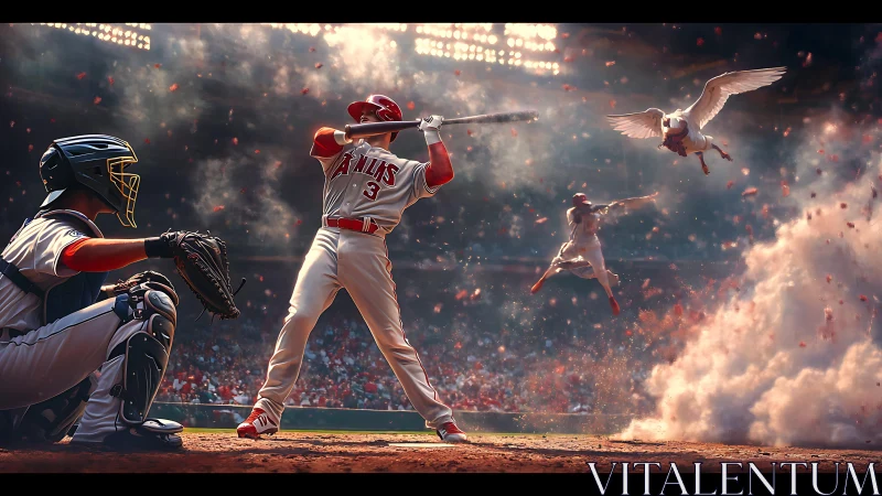 Explosive baseball swing merges gritty stadium drama with fantasy.