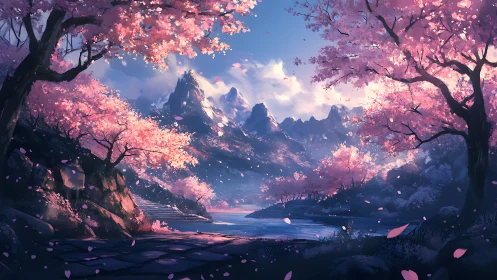 Cherry blossom valley frames snowcapped twilight peaks.