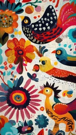 Folk birds and florals in vibrant layered digital painting.