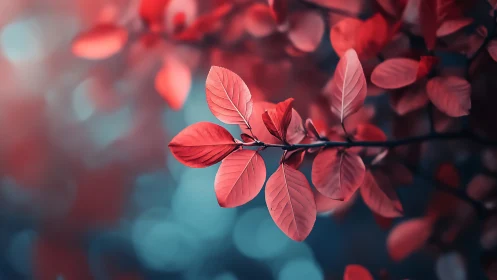 Vibrant red leaves in soft dreamy bokeh, nature photography style.