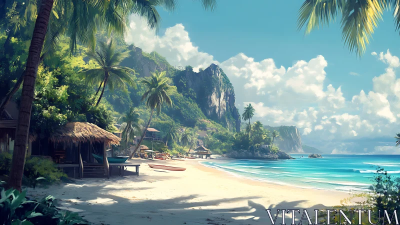 Tropical Paradise Beach with Mountain Cliffs and Thatched Huts