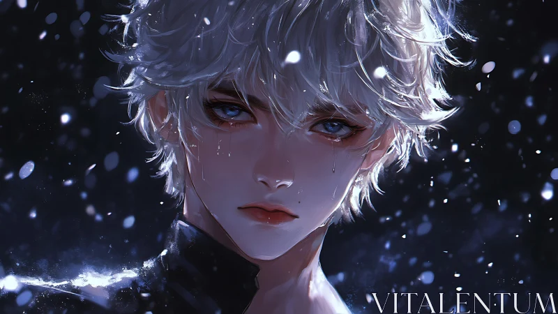 Silver-haired night mourner studies the falling snow