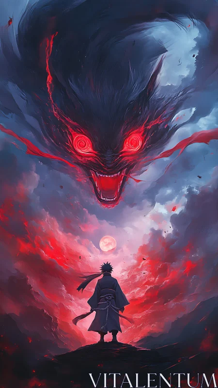 Storm-torn sky revealing crimson-eyed demon above warrior.