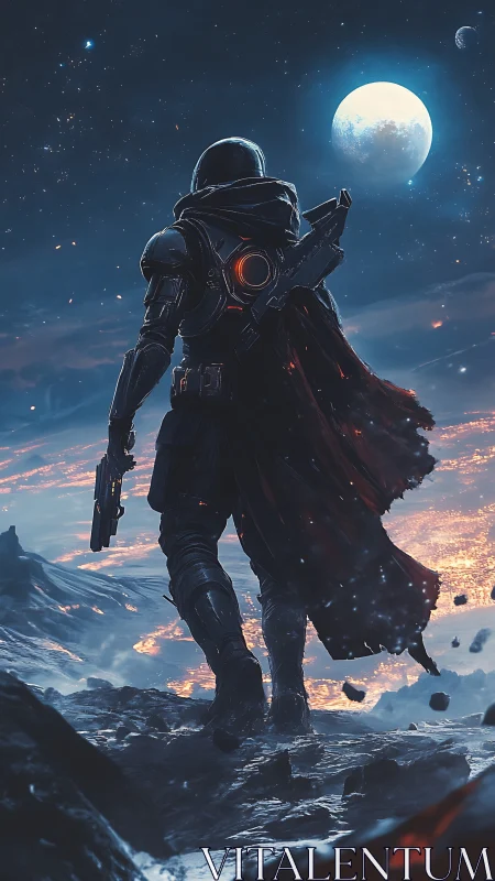 Starlit space wanderer pauses on a glowing alien horizon