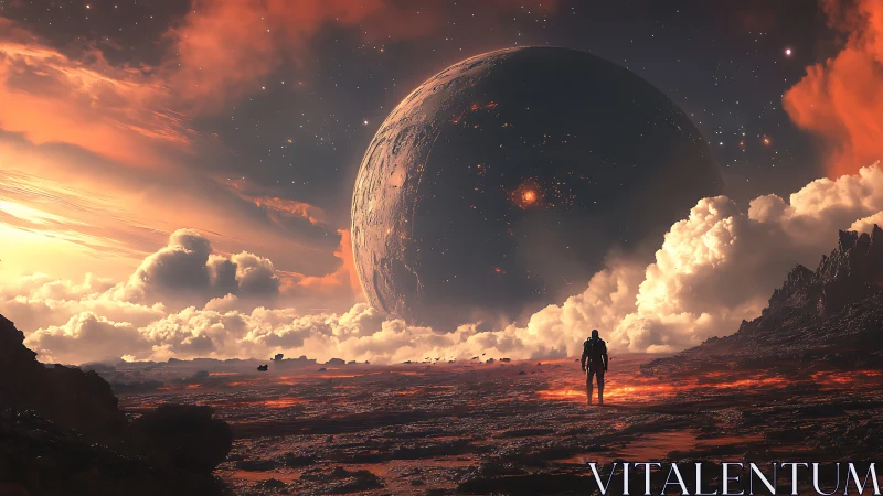 Lone astronaut adrift beneath a burning newborn planet.