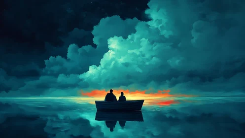 Silhouetted pair in boat against vast teal clouds.