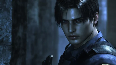 Brooding digital cop portrait in cold blue lighting.