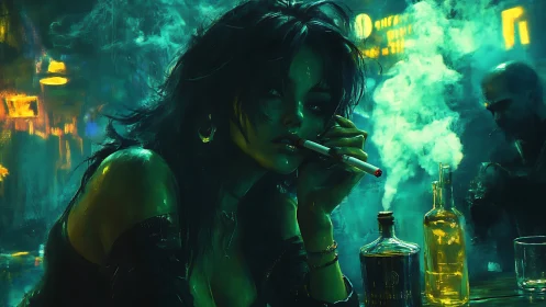 Neon-lit bar portrait isolates smoke, glass reflections, and cyberpunk haze