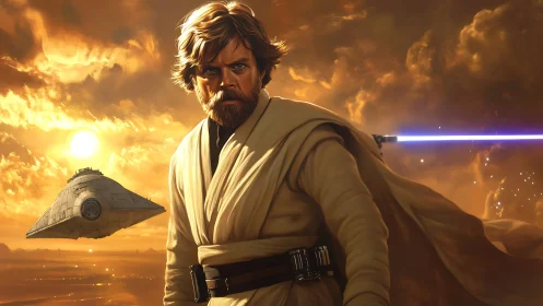 Rugged space warrior stands before burning clouded horizon