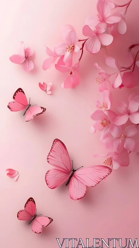 Pink butterflies fly near pink blossoms on soft background