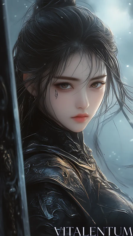 Quiet warrior gaze with soft strength and dark armor.