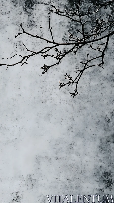 Bare winter branch crosses a textured gray concrete sky.