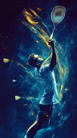 Dynamic badminton smash rendered in neon kinetic lighting