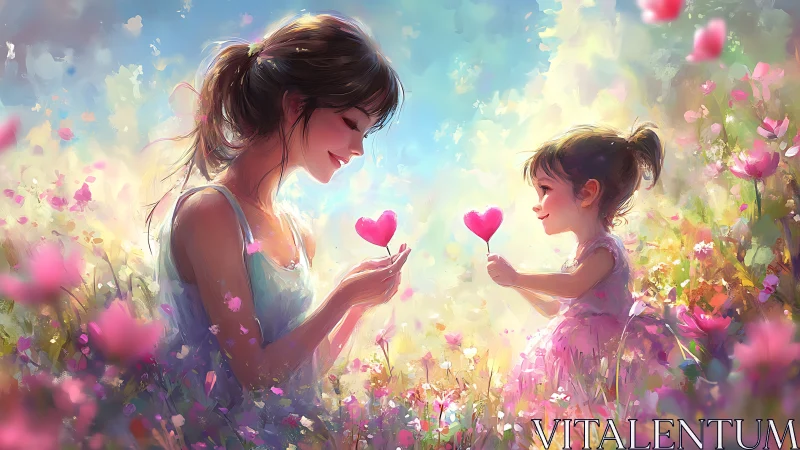 Two figures exchanging heart-shaped objects in a floral field