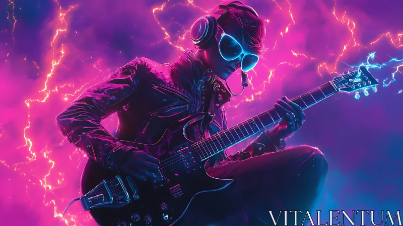 Neon clad guitarist in glowing cyberpunk stormscape.