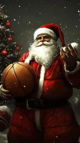 Santa Claus in dynamic basketball pose under snowfall illumination.