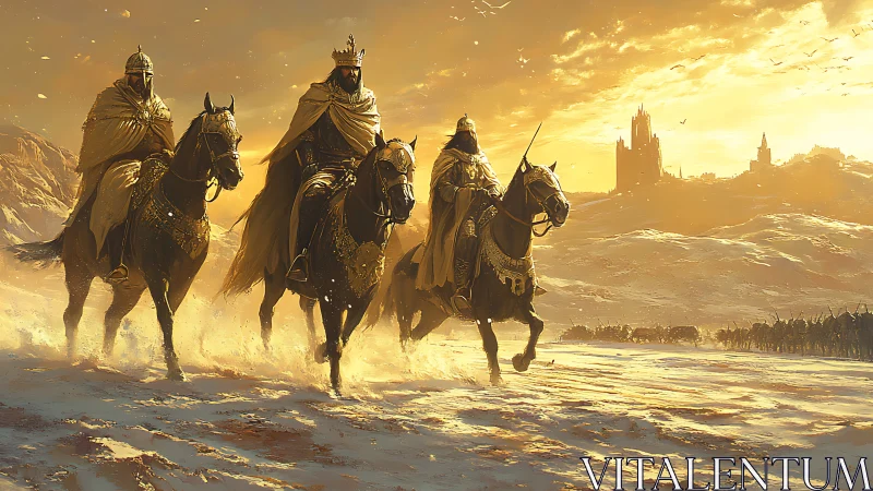 Golden-robed warlords ride across sunlit winter plain.