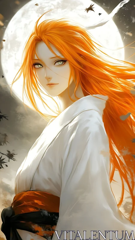 Wind-swept kimono figure rendered with high-contrast lunar backlight