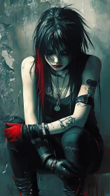 Gothic punk girl broods in red-streaked urban shadows.