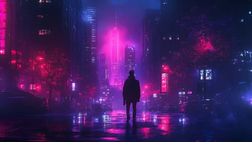 Solitary silhouette walks through neon-soaked cyberpunk avenue