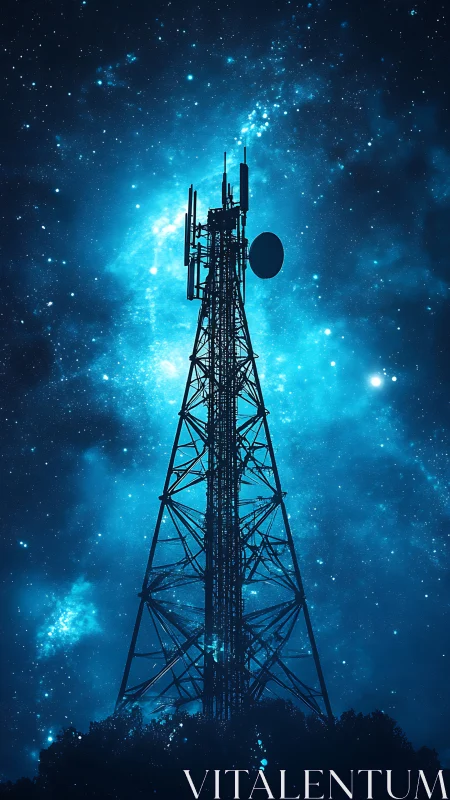 Cellular transmission tower silhouette against star field sky.