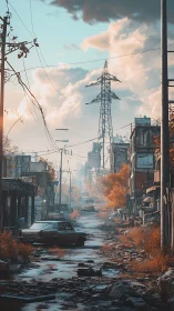 Post-collapse urban corridor with corroded grid infrastructure.