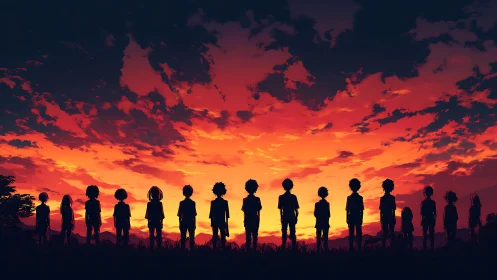 Silhouetted friends stand united beneath a burning sunset sky.