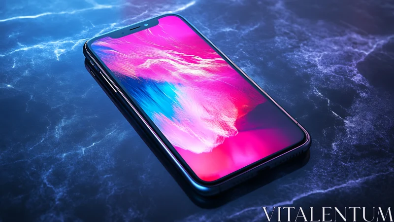 Modern smartphone with vivid display on reflective surface.