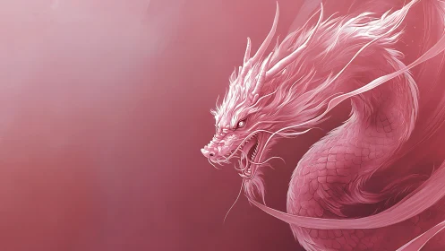Pink serpentine dragon on gradient red background artwork.