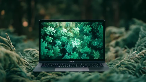 Laptop screen blends with lush forest canopy in soft focus.