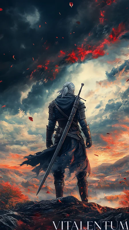 Armored figure with sword observing storm-lit valley landscape.