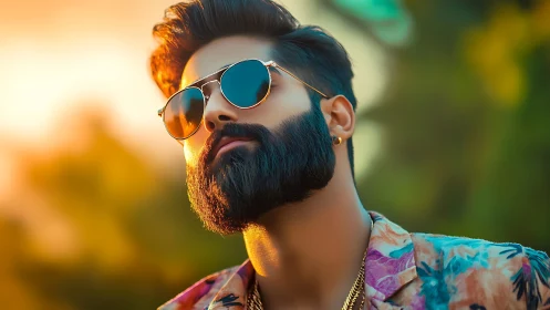 Bearded man in mirrored aviators under golden sunset glow.