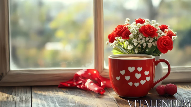 Red roses and baby's breath flowers in heart-patterned red mug