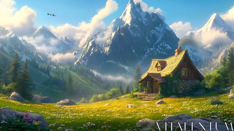 Sunlit mountain cottage quietly hums in a meadow of gold