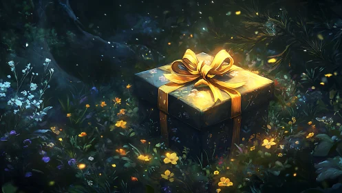 Enchanted gift box in moonlit forest clearing with fireflies.