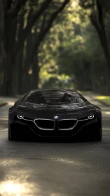 Low-angle frontal render of black BMW concept car on forest road