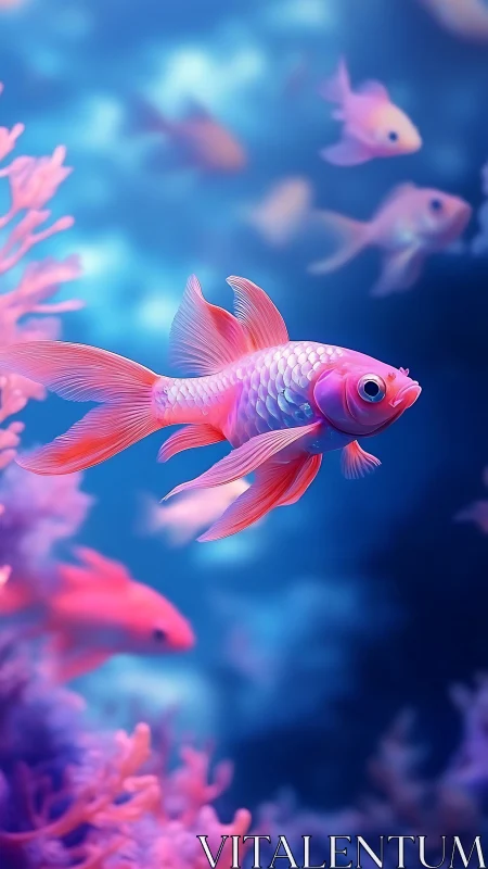 Dreamy pink goldfish gliding through a neon coral cove.