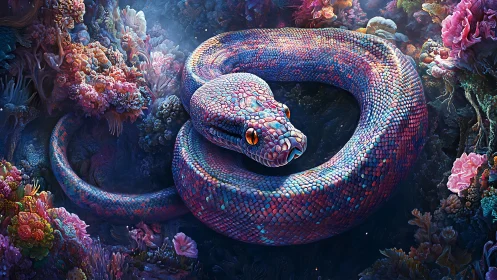 Iridescent coral serpent coils through luminous reef garden.