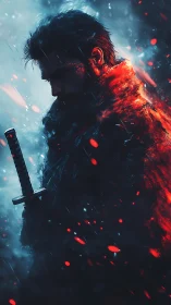 Lone samurai stands amid storm fire and falling embers.