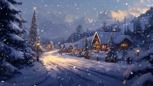 Snowy mountain village road with glowing winter cabins.
