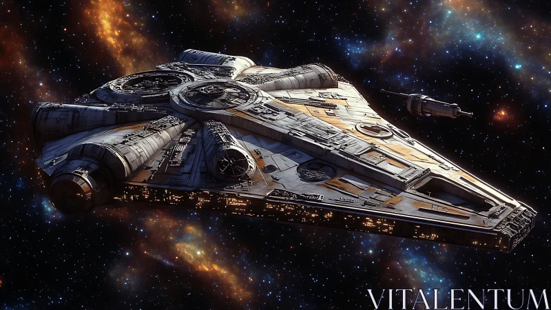 Detailed starship cruising through colorful deep space.