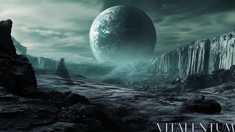 Desolate alien canyon under looming green planet.