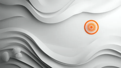 Minimalist white waves with orange radial emblem focal point.