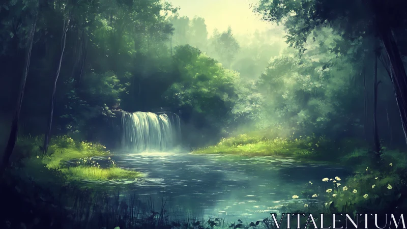 Mystical Forest Waterfall with Radiant Light.