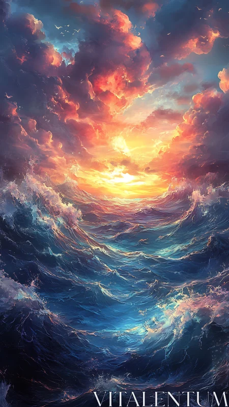 Turbulent ocean waves under dense sunset cloud cover.