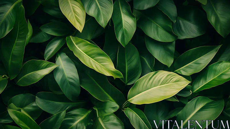 Lush tropical foliage in layered emerald green tones.