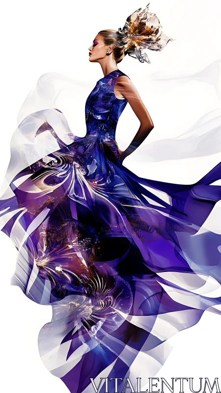 Digital painting of fashion figure with flowing violet fractals.